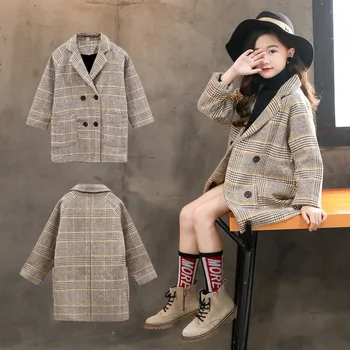 Menoea Mergaičių drabužių rudens-žiemos 2020 korėjiečių leidimas, languotas paltas didelis Vaikų tvido Vilnonis kailis smėlio patikrinti, Drabužiai, paltai