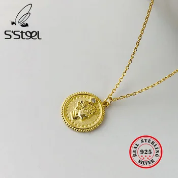 S'STEEL Karoliai Moterų 925 Sterlingas Sidabro Apvalios Monetos Pakabukas Pareiškimą Derliaus Aukso Karoliai Collares Mujer Fine Jewelry