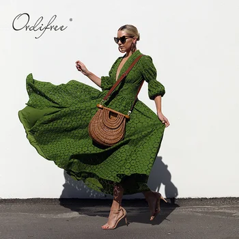 Ordifree 2021 M. Vasarą Boho Moteris Ilga Suknelė Elegantiška Vintage Žalia Nėrinių Maxi Tunika Paplūdimio Suknelė