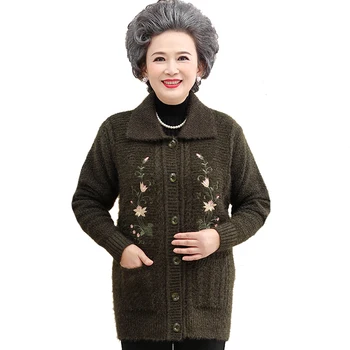 2020 vyresnio amžiaus rudenį, žiemą moterų džemperis cardigan motina pakrautas, megztinis, striukė Moteriška Pridėti kašmyras Tirštėti Mygtuką Megztiniai Megztinis