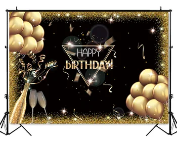 Su gimtadieniu tema šaliai aukso blizgučiai balionai Šampano fonas fotografijai juoda baigimo fone fotostudija