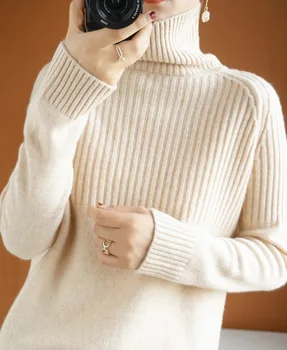 Laisvas megztinis megztinis ponios visas rungtynes, rudenį ir žiemą aukštu kaklu storas tingus ilgomis rankovėmis, žemiausią megztinis korėjos versija