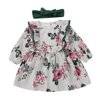 Rudenį 2vnt Kūdikių Mergaičių Suknelė Rinkiniai Vaikams Gėlių Modelio Suknelės Atsitiktinis ilgomis Rankovėmis Tutu Sundress+Lankelis