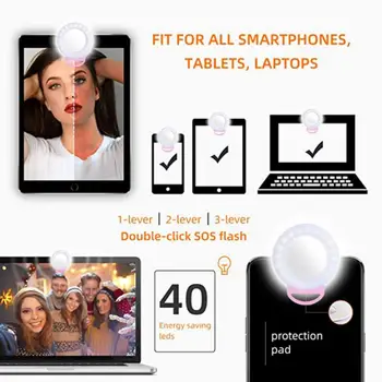 3 Spalvų Įkraunama RGB LED Žiedo Mobiliojo Telefono Selfie Žiedas, Šviesos, Blykstė, Objektyvas Užpildyti Šviesos Fleshlight Lempos Clip-on Smartfon