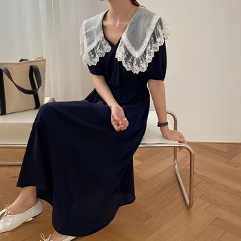 Svetimų Katytė Vinatge Elegantiškas Organza Lėlės Nėrinių Apykakle Suknelė 2020 Naujas Vasaros Korėjos Stiliaus Maxi Suknelė Partijos Juodosios Suknelės Vestidos