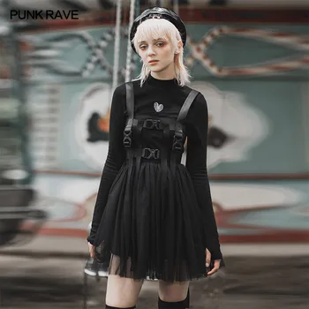 PUNK RAVE Moterų Punk Juoda, X-stiliaus Mados Plastikinė Sagtis Kelis Diržo Kilpos Mažas V-Kaklo Suknelė Visas rungtynes, Gotikos Suknelė