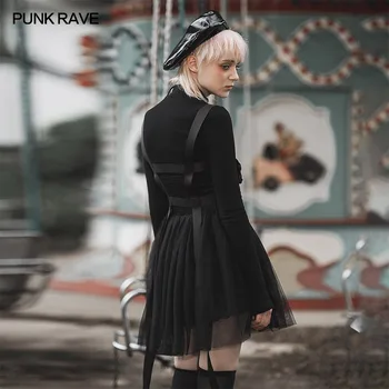 PUNK RAVE Moterų Punk Juoda, X-stiliaus Mados Plastikinė Sagtis Kelis Diržo Kilpos Mažas V-Kaklo Suknelė Visas rungtynes, Gotikos Suknelė