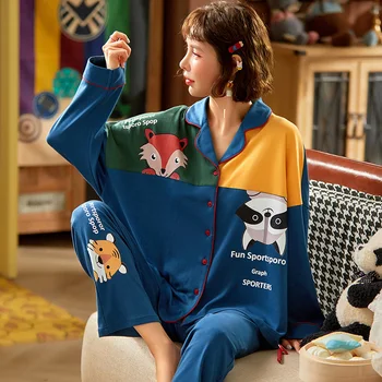 Pavasarį, Rudenį Pižamos Plius Dydis 3XL Moterų Sleepwear Medvilnės Versija Pižama Animacinių filmų Pižamą ilgomis Rankovėmis Atvartas Prarasti PLONAS Nighty