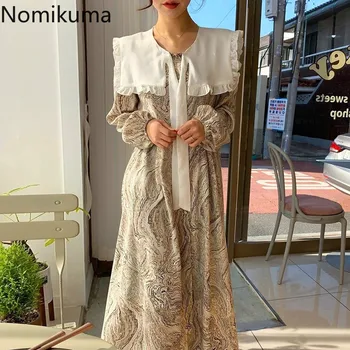 Nomikuma Korėjos Elegantiškos Suknelės Kontrasto Spalvų Spausdinta Linijos, Plonas Juosmens Vintage Suknelė Moterims Pasukite Žemyn Apykaklės Ilgomis Rankovėmis Vestidos