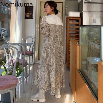Nomikuma Korėjos Elegantiškos Suknelės Kontrasto Spalvų Spausdinta Linijos, Plonas Juosmens Vintage Suknelė Moterims Pasukite Žemyn Apykaklės Ilgomis Rankovėmis Vestidos