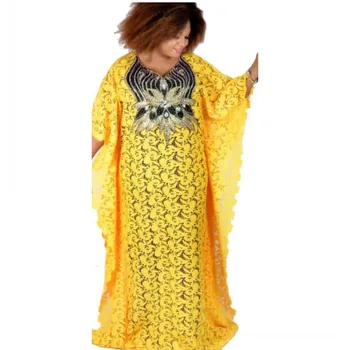 Krūtinė 126cm Ilgis 141cm Geltonos spalvos Nėrinių Suknelės Super Dydžio Naujos Afrikos Moterų Mados Nėriniai Prarasti Zawalcowany Siuvinėjimo Ilga Suknelė