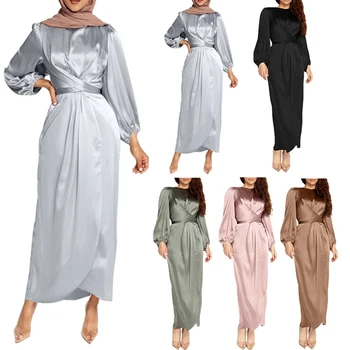 Moterų Arabų Musulmonų Satino Sluoksniuotos Ilgomis Rankovėmis Wrap Priekiniai Maxi Suknelė Abaja Hijab Skraiste