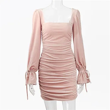 Articat Rožinės Spalvos Aksomo Ilgai Raišteliu Rankovėmis Suknelė Moterims Aikštėje Apykaklės Plisuotos Pavasario Dress Backless Elegantiškas Ruched Vestidos 2021