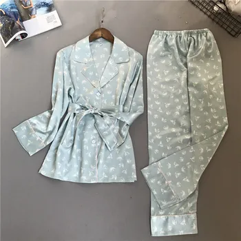 Moteris Pižama Pavasario Spausdinimo Modelis Moterų Pajama Nustatyti Viskozė Sleepwear Ilgomis Rankovėmis Kelnės Du Popieriaus Kostiumas