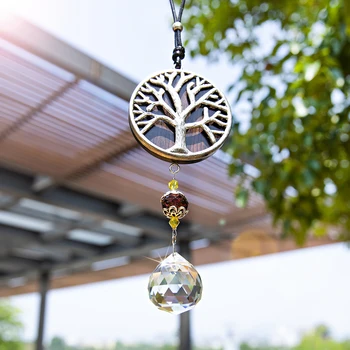 H&D Gyvybės Medis Suncatcher Rankų darbo Woodgrain Santalas Ornamentu su Krištolo Rutulį Prizmės Vaivorykštė Maker 