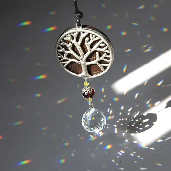 H&D Gyvybės Medis Suncatcher Rankų darbo Woodgrain Santalas Ornamentu su Krištolo Rutulį Prizmės Vaivorykštė Maker 