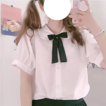 Korėjos Stiliaus Mygtuką Iki Balti Marškinėliai Moterims Vasaros Pynimas Trumpas Sluoksniuotos Rankovėmis Derliaus Viršūnes Lolita Girl Mielas JK Vienodas Rožinė Palaidinė