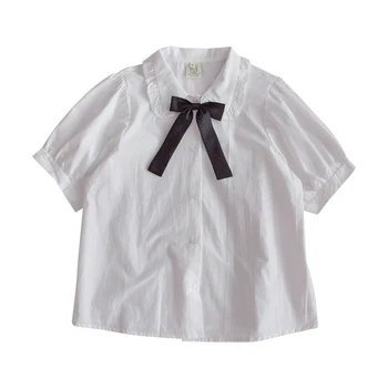 Korėjos Stiliaus Mygtuką Iki Balti Marškinėliai Moterims Vasaros Pynimas Trumpas Sluoksniuotos Rankovėmis Derliaus Viršūnes Lolita Girl Mielas JK Vienodas Rožinė Palaidinė