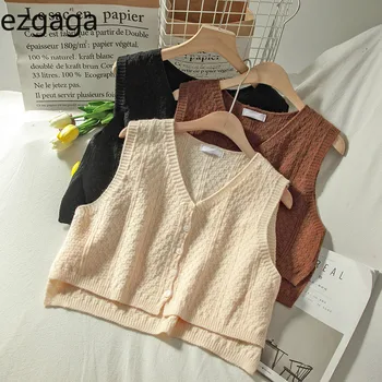 Ezgaga Vintage Megztinis Liemenė Moterims Rudenį Naujas V-Kaklo, Vieną Krūtinėmis Rankovių Pasėlių Viršuje Kietas Atsitiktinis Trumpas Trikotažo Liemenė Mados