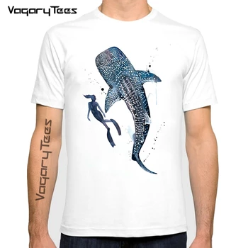 Nemokamai naras su Banginis Ryklys, akvarelė spausdinti gyvūnų Jūros art sea life meno Naujausias Trumpas Rankovės Klasikiniai marškinėliai