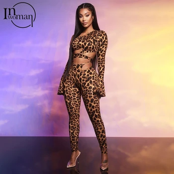 INWOMAN Leopardas Spausdinti Vienos Pečių Pasėlių Viršų 2 Dviejų dalių Rinkinys Moterims Bodycon Komplektus Ponios Sexy Clubwear Atitikimo Rinkiniai Moterų 2021
