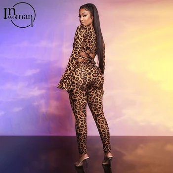 INWOMAN Leopardas Spausdinti Vienos Pečių Pasėlių Viršų 2 Dviejų dalių Rinkinys Moterims Bodycon Komplektus Ponios Sexy Clubwear Atitikimo Rinkiniai Moterų 2021