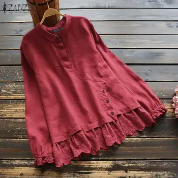 Elegantiškas Nėrinių Stiching Marškiniai moteriškos Pavasario Palaidinė ZANZEA 2021 Atsitiktinis ilgomis Rankovėmis Blusas Femael Mygtuką Atvartas Tunika Plius Dydis Viršų