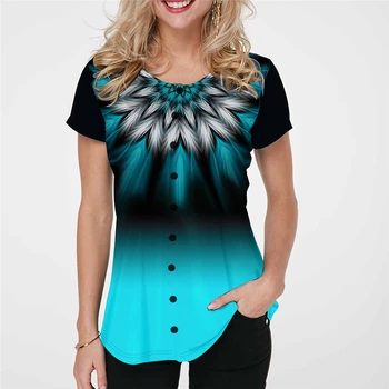 Moterų Atsitiktinis Trumpas T Shirts 2020 Plus Dydis S-2XL Gradientas Spalvų Spausdinimo Vasaros T Shirt O-Kaklo Mygtuką Tees Viršuje Laisvi Marškinėliai Femme