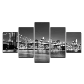 Drobė HD Spausdina Nuotraukas Pagrindų 5 Gabalus Juoda Balta Bruklino Tiltas Miesto Naktinis Vaizdas Paveikslų Namo Sienos Meno Dekoro Plakatai