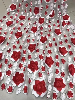 Raudona Allover 3D gėlių Appliques prancūzų nėriniai mielas Afrikos tiulio, nėrinių audinys su daug karoliukai 5 metrų aukštos kokybės FJ22471