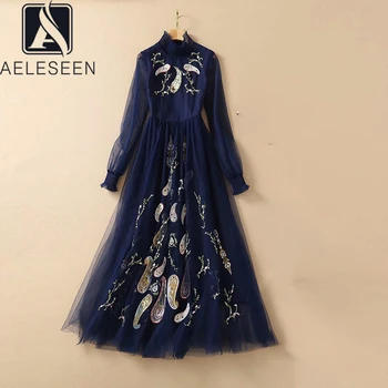 AELESEEN Prabangos Dizaineris Moterų Suknelė 2021 kilimo ir tūpimo Tako Mados Pavasario Naują Atvykimo Susiėmę Mėlynos spalvos Gėlių Siuvinėjimas Ilga Suknelė