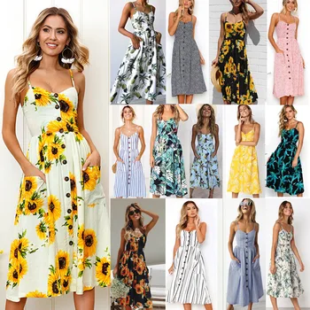 2020 metų Vasaros Moterų Atsitiktinis Retro Saulė Suknelė Bohemijos Seksualus Suknelės Mados Mygtuką Atidaryti Atgal Polka Dot Juostele Gėlių Paplūdimio Suknelė