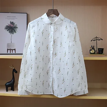 Japonijos spausdinti peter pan apykaklės mažų šviežių dvigubo sluoksnio siūlai apačioje marškinėliai patogus