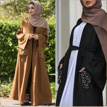 Diamond duobute kišenių siuvinėjimai musulmonų abaja moteris visas ilgis malda atidarymo kimono islamo cardigan apsiaustai su diržo F1501