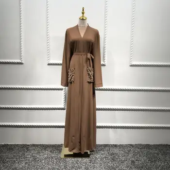 Diamond duobute kišenių siuvinėjimai musulmonų abaja moteris visas ilgis malda atidarymo kimono islamo cardigan apsiaustai su diržo F1501