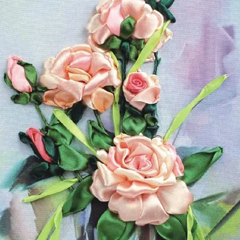 Aliejaus tapybai pink rose šilko juostelės siuvinėjimo 3D paveikslai tapyba satino kryželiu rinkinys rankdarbiams amatų dovana 