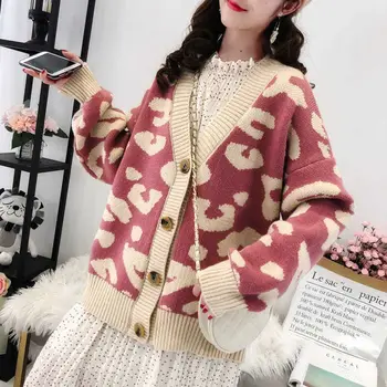 Megztinis megztas megztinis kamšalu kailis moterų 2020 m. Pavasarį ir Rudenį Naujų leopardas spausdinti korėjos prarasti tingus vėjas dėvėti