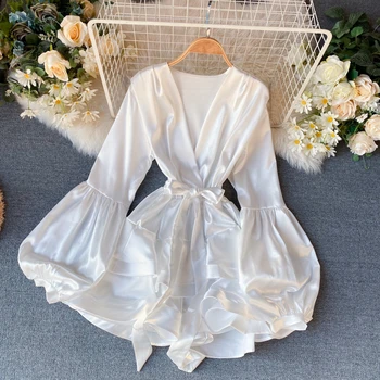 CHICEVER Kratinys Suknelė Moterims V Kaklo Žibintų ilgomis Rankovėmis Bowknot Nėrinių Raukiniai Ruched Suknelės Moterų 2020 M. Vasarą Nauja Banga