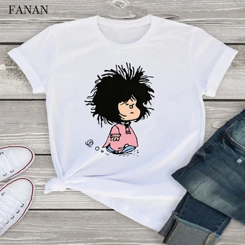 Mielas animacinių filmų Mafalda T-shirt Moterims, Vasaros Nauji Trumpas Rankovės Quino Marškinėlius Moterims Juokinga O-Kaklo marškinėliai Topai Trišakis 90-ųjų Harajuku Marškinėliai