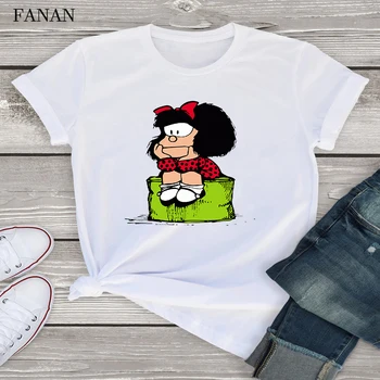 Mielas animacinių filmų Mafalda T-shirt Moterims, Vasaros Nauji Trumpas Rankovės Quino Marškinėlius Moterims Juokinga O-Kaklo marškinėliai Topai Trišakis 90-ųjų Harajuku Marškinėliai