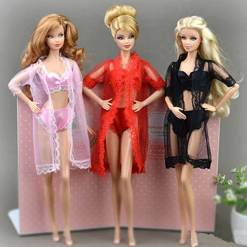 3sets Seksuali Pižama Barbie Lėlės apatinis Trikotažas Nėrinių Ilgas Kailis + Liemenėlė + Apatiniai Drabužiai, Drabužiai Suknelė Apatiniai Nėrinių Suknelės Vaikas Žaislas