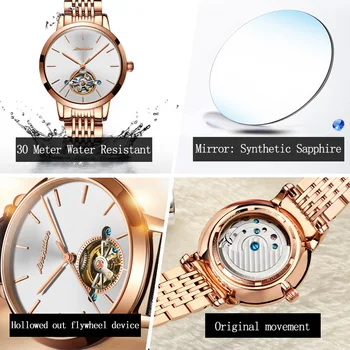 JSDUN Šveicarija Prabangos Prekės Automatinis Mechaninis laikrodis Rose Gold Ponios Tourbillon Laikrodžiai, Nerūdijančio Plieno, Riešo žiūrėti