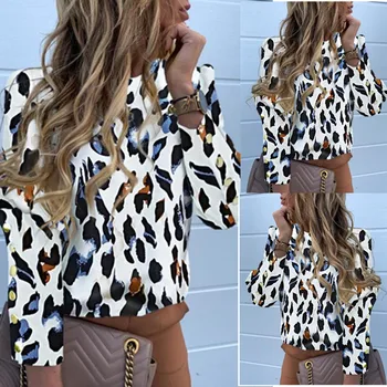 Moterų Ilgas Rankovėmis Seksualus Leopardas Spausdinti Palaidinė Lady Office Marškinėliai Tunika Viršūnes Atsitiktinis