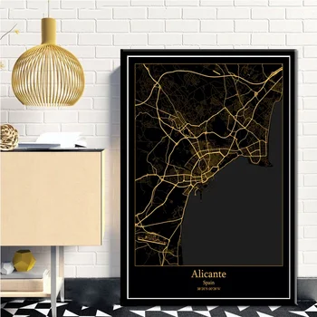 Alikantė, Ispanija Black&Gold Miesto Šviesos Žemėlapiai Užsakymą Pasaulio Miesto Žemėlapį, Plakatai, Drobė Spausdina Šiaurės Stiliaus Sienos Menas Namų Dekoro