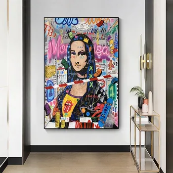 Grafiti Pop Art Juokinga Mona Lisa Drobės Tapybos Plakatai ir Spausdina Cuadros Sienos Menas Nuotraukas Kambarį Namo Apdaila