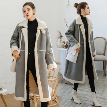 Korėjos 2020 m. Žiemos Moterys Dirbtiniais Avikailio Suede Suede Kailis Storas Kailis, Flocking Vilnos moteriški Ilgi Odiniai Paltai Plius Dydis viršutinių drabužių siuvimas