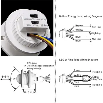 40mm LED PIR Detektorius Infraraudonųjų spindulių Judesio Jutiklis-Jungiklis su Laiko Vėlinimo Reguliuojamas Šviesos Tamsiai vidaus Apšvietimo LED Lempa