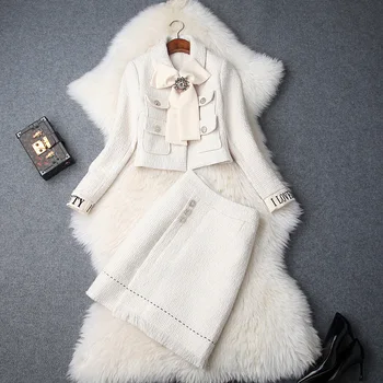 Rudenį, žiemą moterys dizaineris tvido sijonas nustatyti ponios OLIS elegantiškas didelis lankas trumpas paltai + kutas sijonas kostiumas (2 vienetų komplektas y726