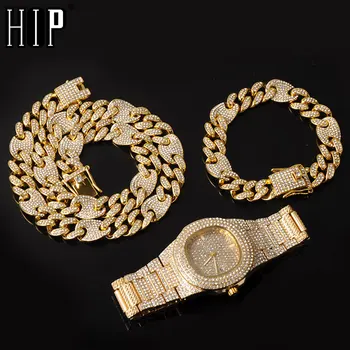 Hip-Hop Karoliai +Watch+Apyrankė AAA+ Lediniame Iš Lydinio, Cirkonio Kavos Pupelių Miami Kubos Link Grandinės Karoliai Vyrų Papuošalai
