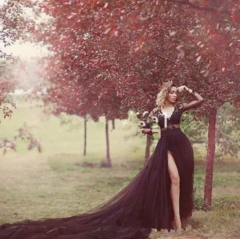 Juodos spalvos Gotikos Vestuvių Suknelės 2021 Iliuzija ilgomis Rankovėmis nėrinių aplikacijos Pusė Padalijimas Boho Sodas šalies nuotakos suknelė robrs